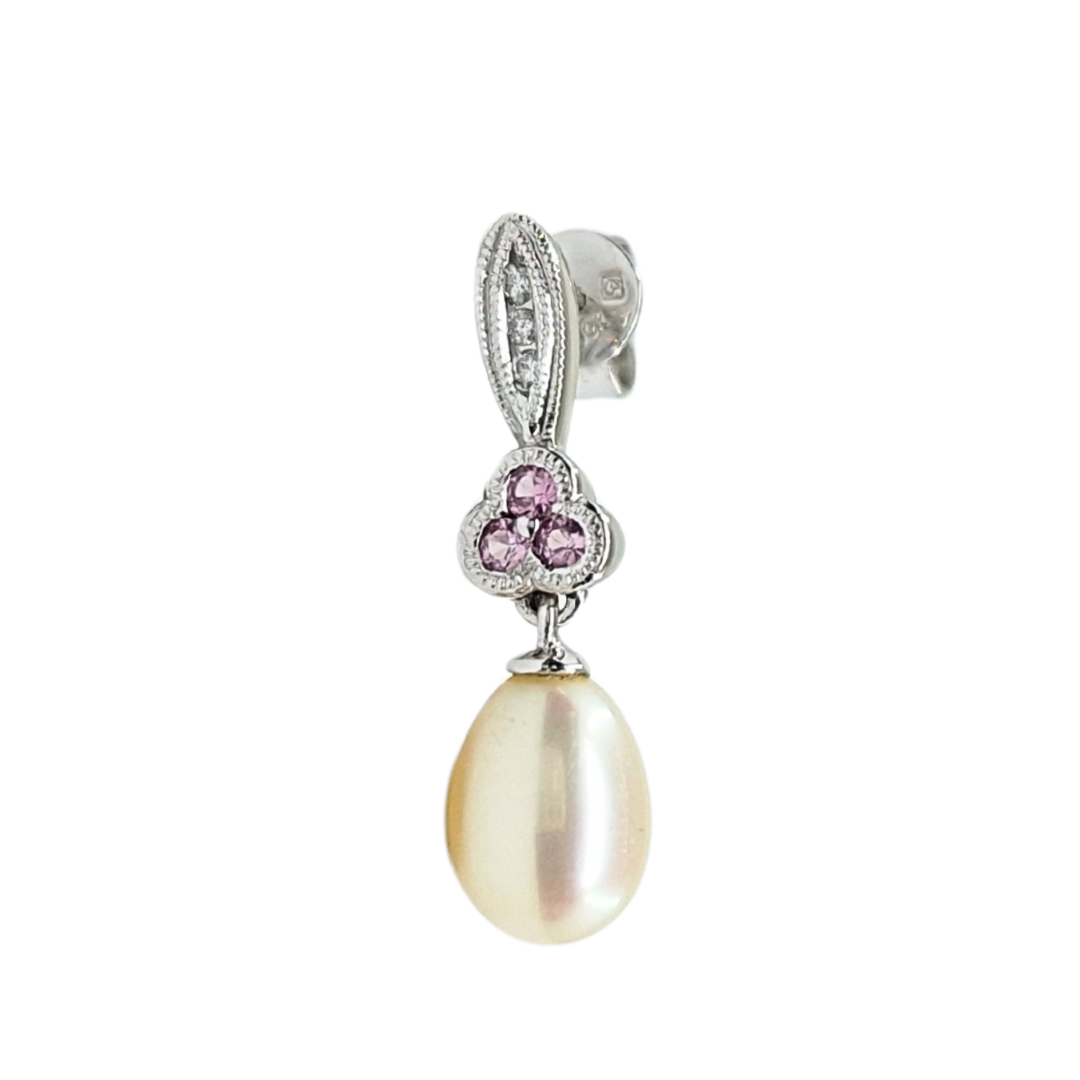 9ct White Gold Pink Sapphire, Diamond & Pearl Drop Earrings