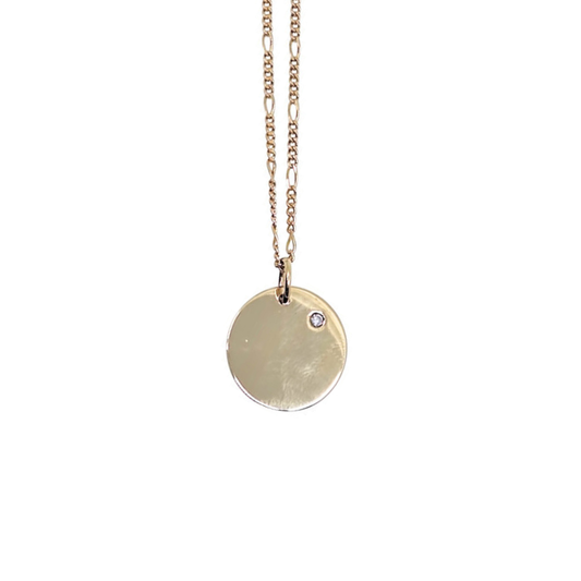 9ct Yellow Gold Diamond Set Disc & Figaro Chain 16"