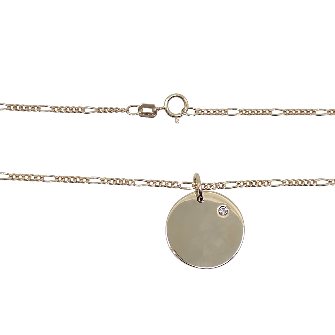 9ct Yellow Gold Diamond Set Disc & Figaro Chain 16"