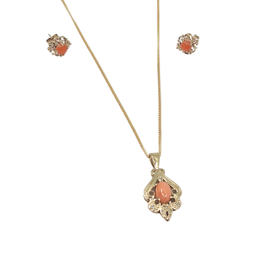 9ct Yellow Gold Coral Pendant & Earring Set