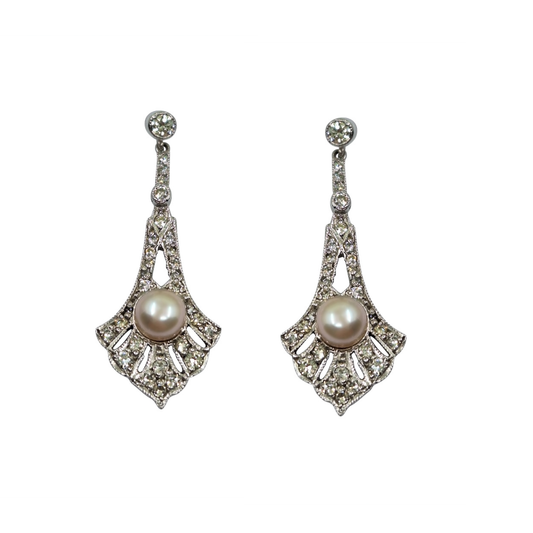 18ct White Gold Pearl & Diamond Drop Earrings