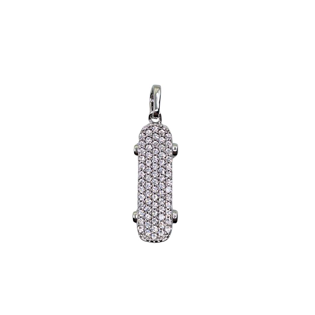 Silver Cubic Zirconia Skateboard Pendant