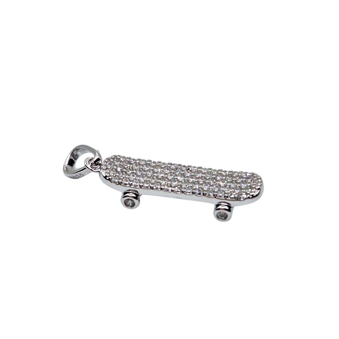 Silver Cubic Zirconia Skateboard Pendant
