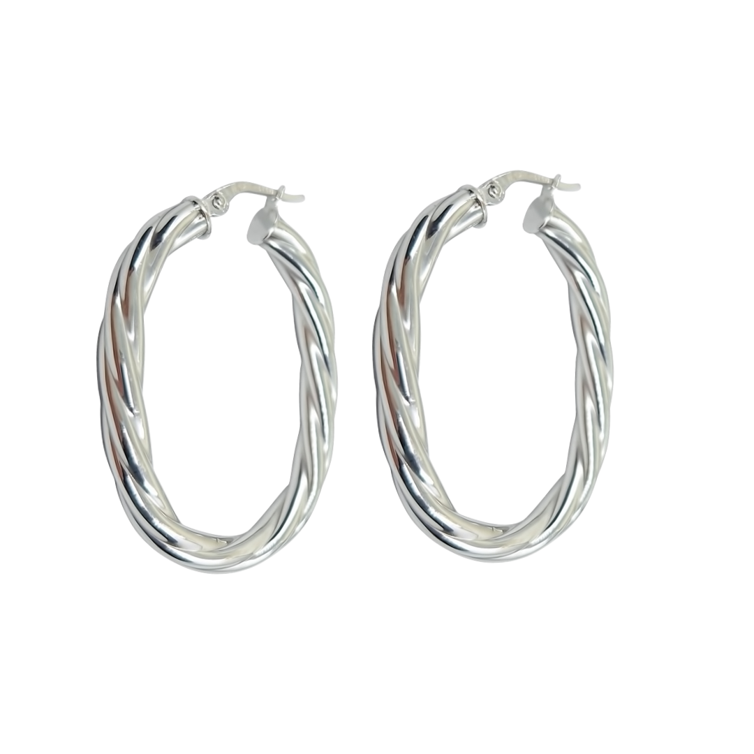 9ct White Gold Oval Twist Creole Earrings
