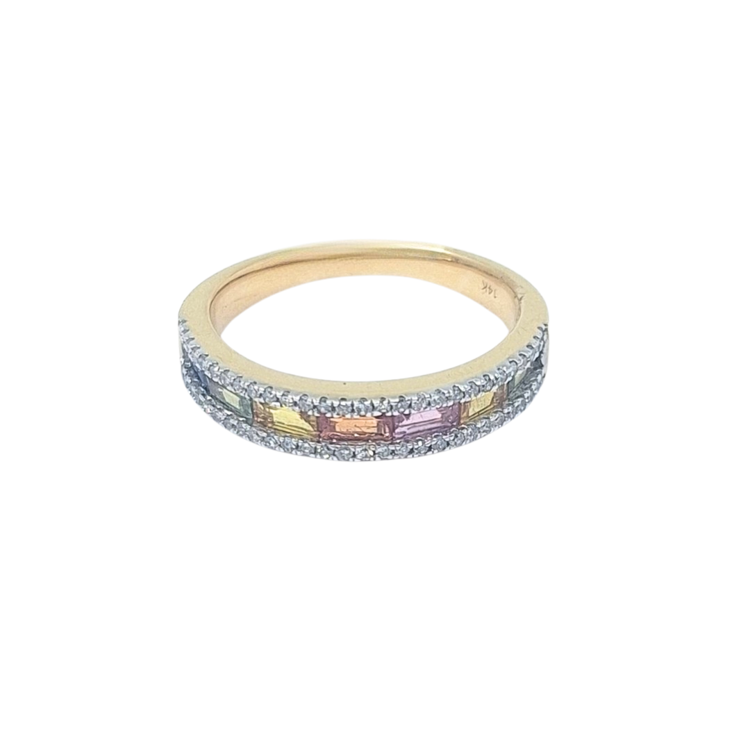 14ct Yellow Gold Rainbow Sapphire & Diamond Band Ring