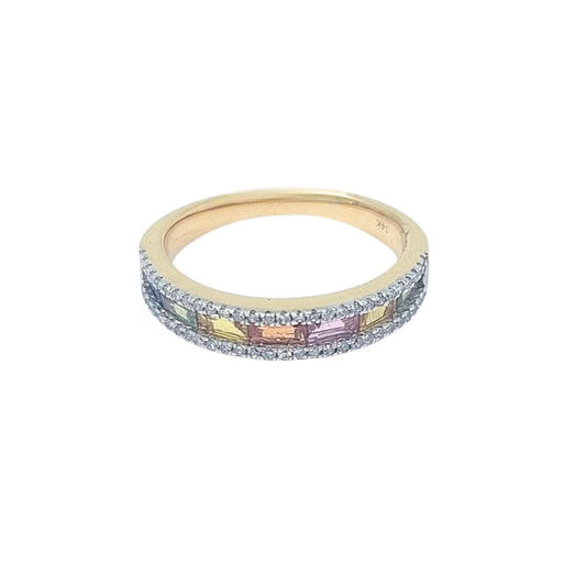 14ct Yellow Gold Rainbow Sapphire & Diamond Band Ring
