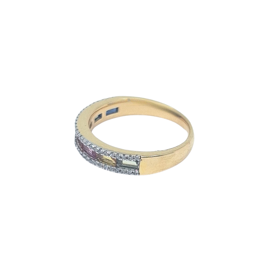 14ct Yellow Gold Rainbow Sapphire & Diamond Band Ring