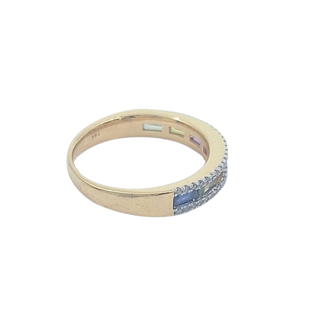 14ct Yellow Gold Rainbow Sapphire & Diamond Band Ring
