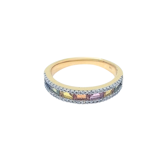 14ct Yellow Gold Rainbow Sapphire & Diamond Band Ring