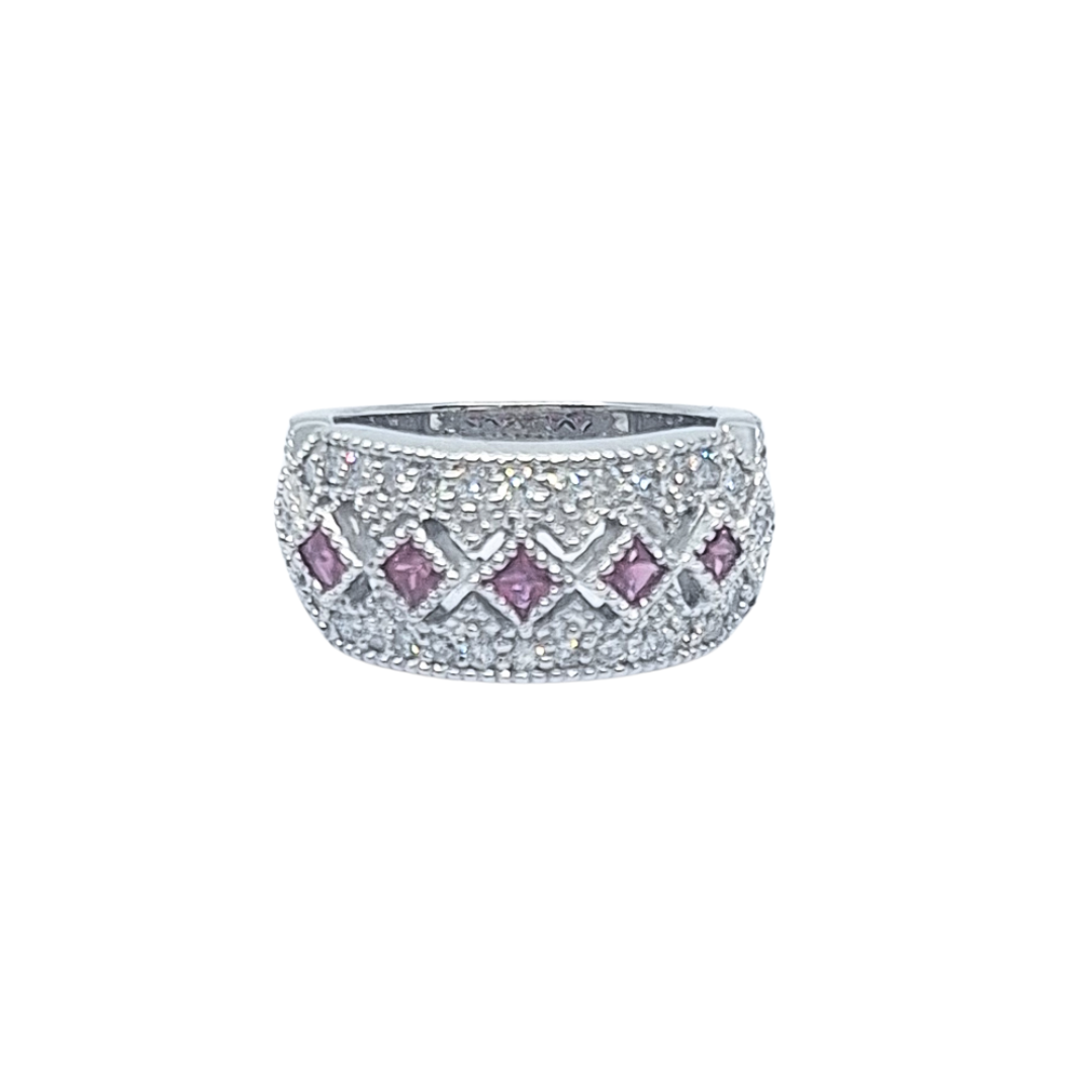 14ct White Gold Pink Sapphire & Diamond Fancy Band Ring