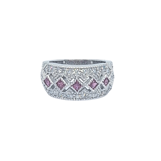 14ct White Gold Pink Sapphire & Diamond Fancy Band Ring