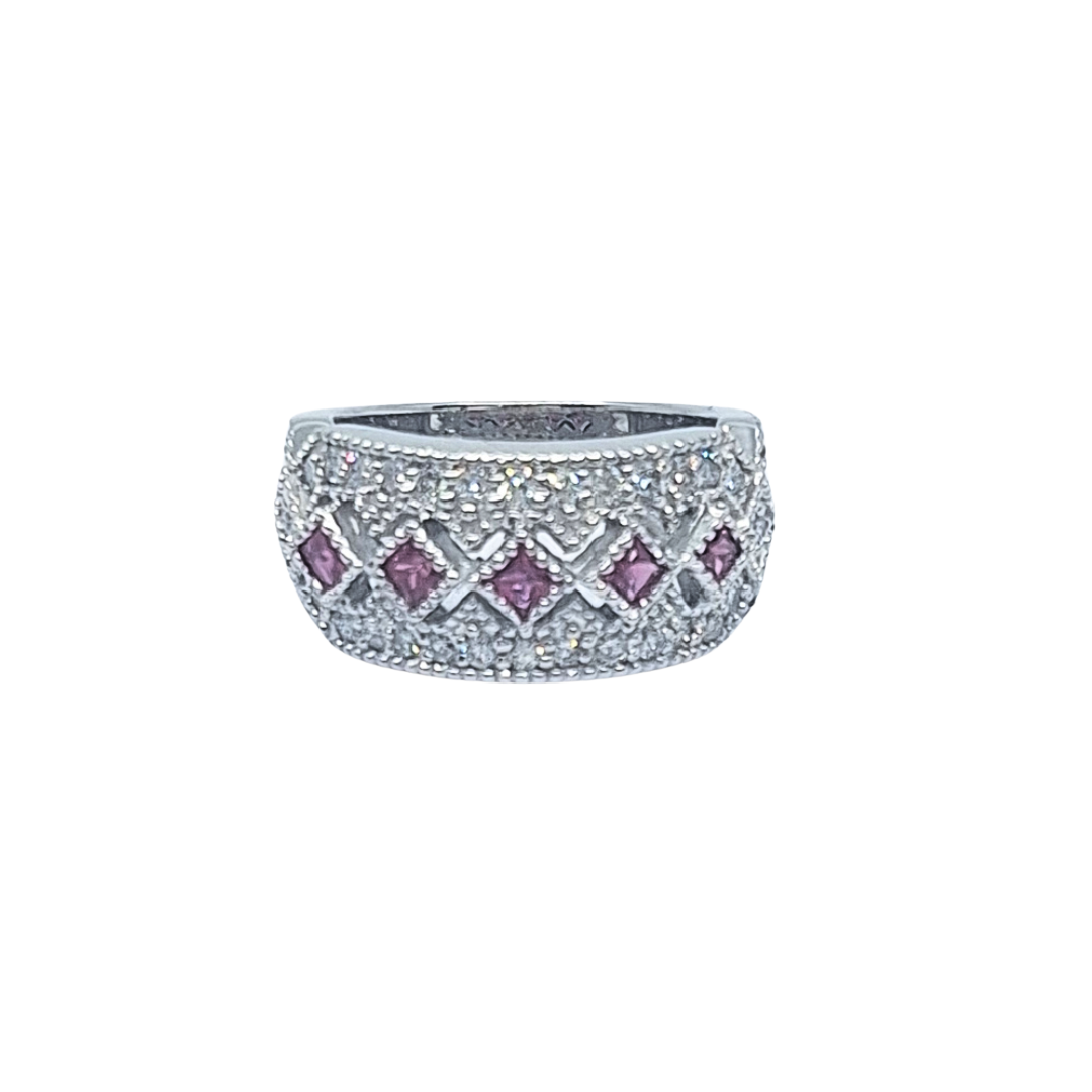 14ct White Gold Pink Sapphire & Diamond Fancy Band Ring