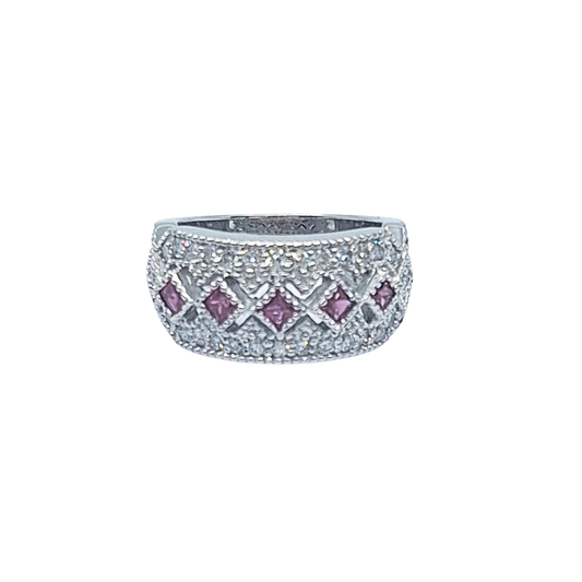 14ct White Gold Pink Sapphire & Diamond Fancy Band Ring
