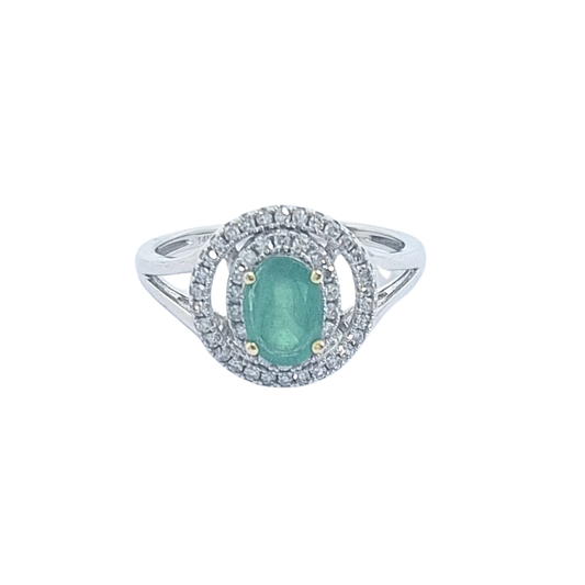 14ct White Gold Emerald & Diamond Halo Ring