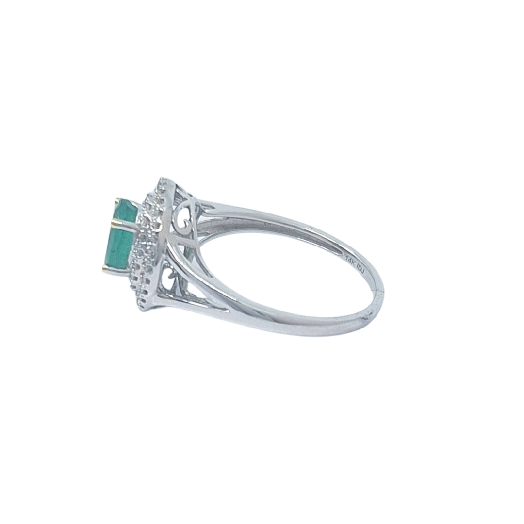 14ct White Gold Emerald & Diamond Halo Ring