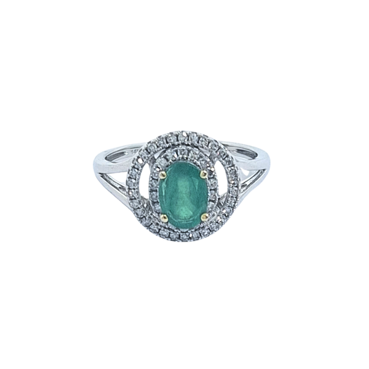 14ct White Gold Emerald & Diamond Halo Ring