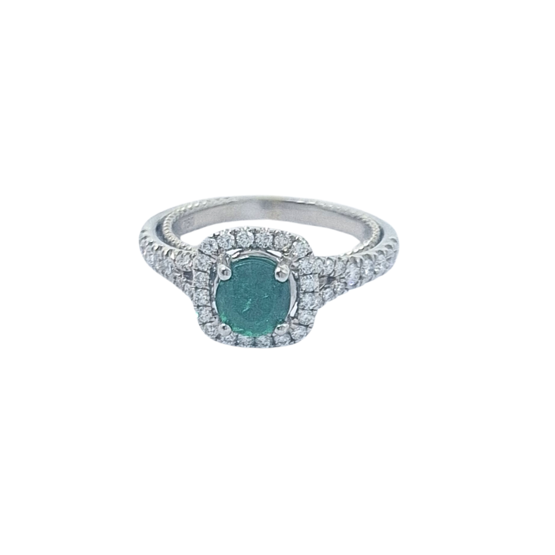 14ct White Gold Emerald & Diamond Halo Ring
