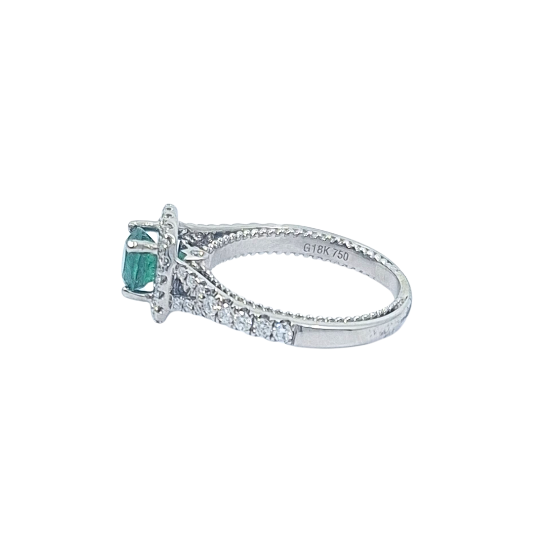 14ct White Gold Emerald & Diamond Halo Ring