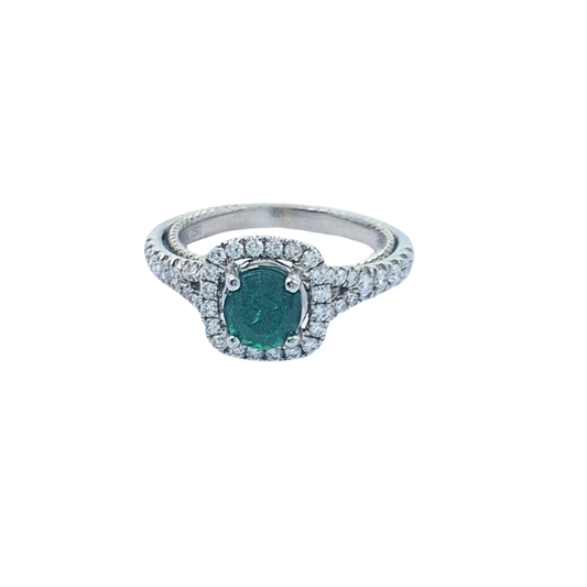 14ct White Gold Emerald & Diamond Halo Ring