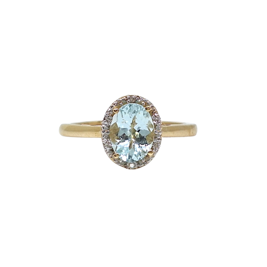 18ct Yellow Gold Aquamarine & Zircon Halo Ring