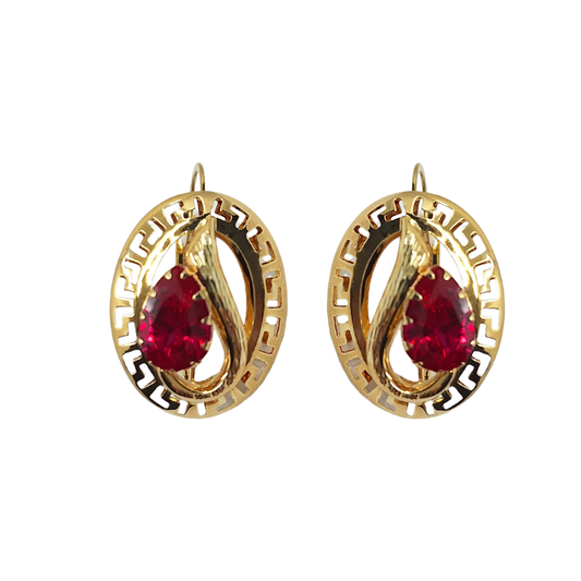 14ct Yellow Gold Red Cubic Zirconia Greek Key Earrings