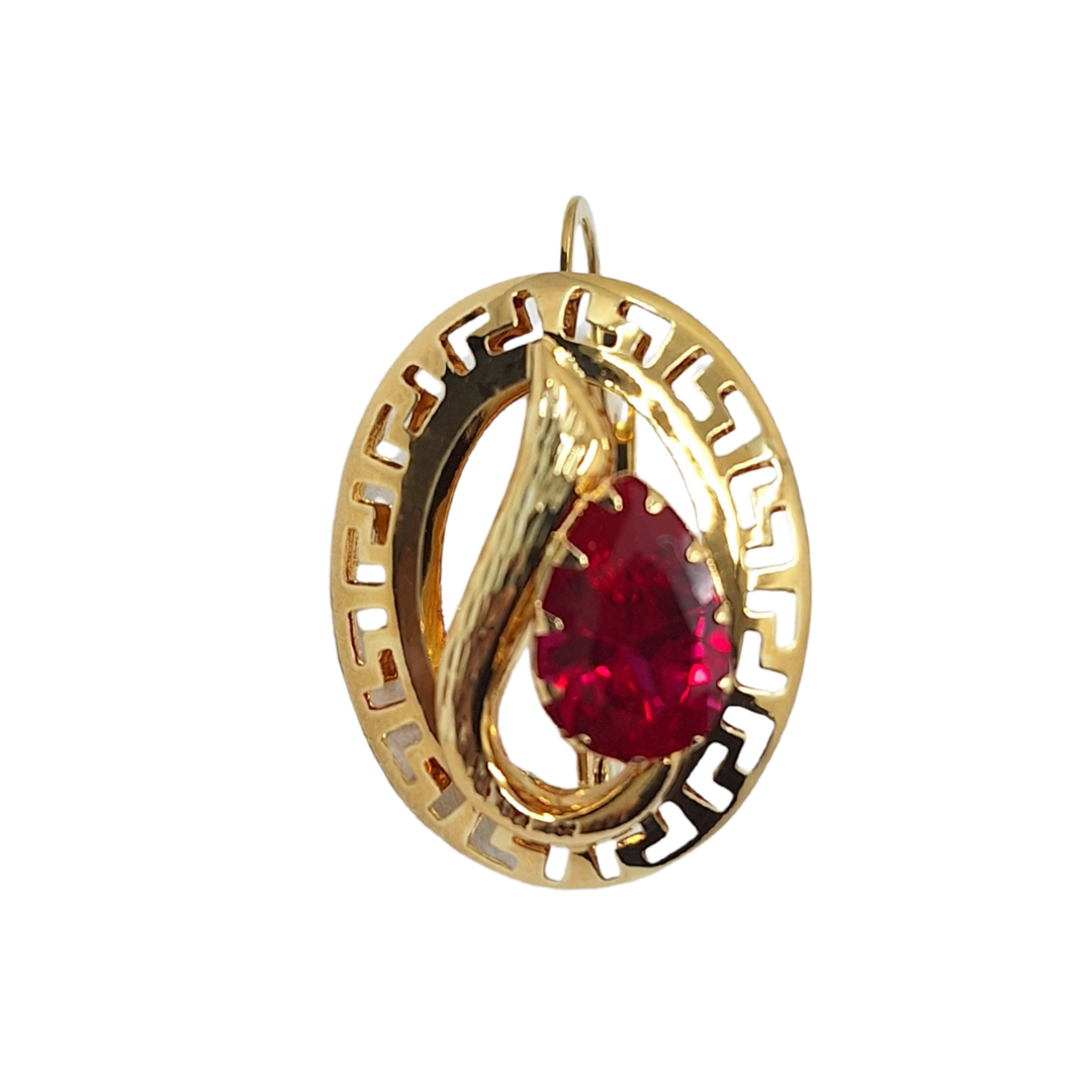 14ct Yellow Gold Red Cubic Zirconia Greek Key Earrings
