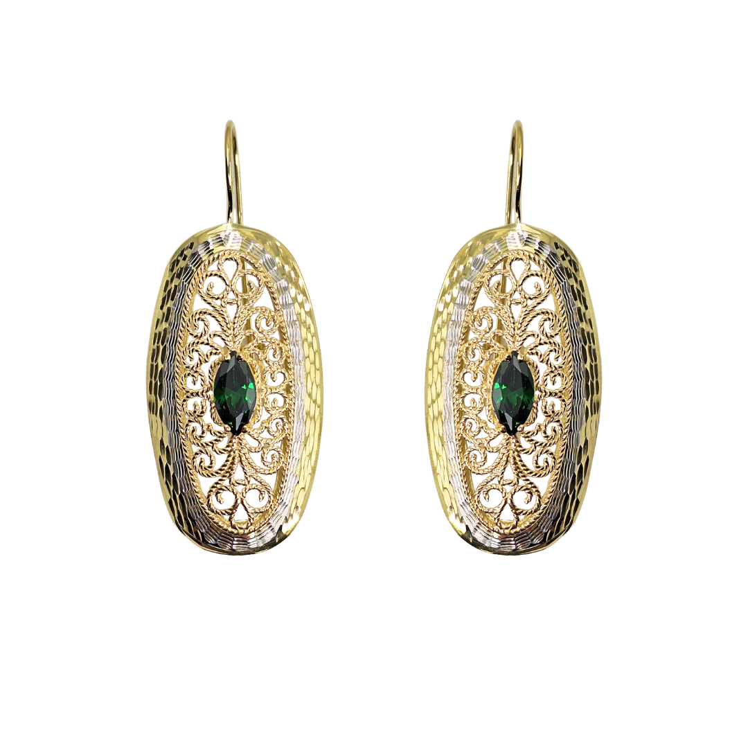 14ct 2 Colour Gold Green Cubic Zirconia Drop Earrings