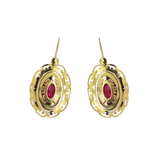 14ct Yellow Gold Red Stone Drop Earrings