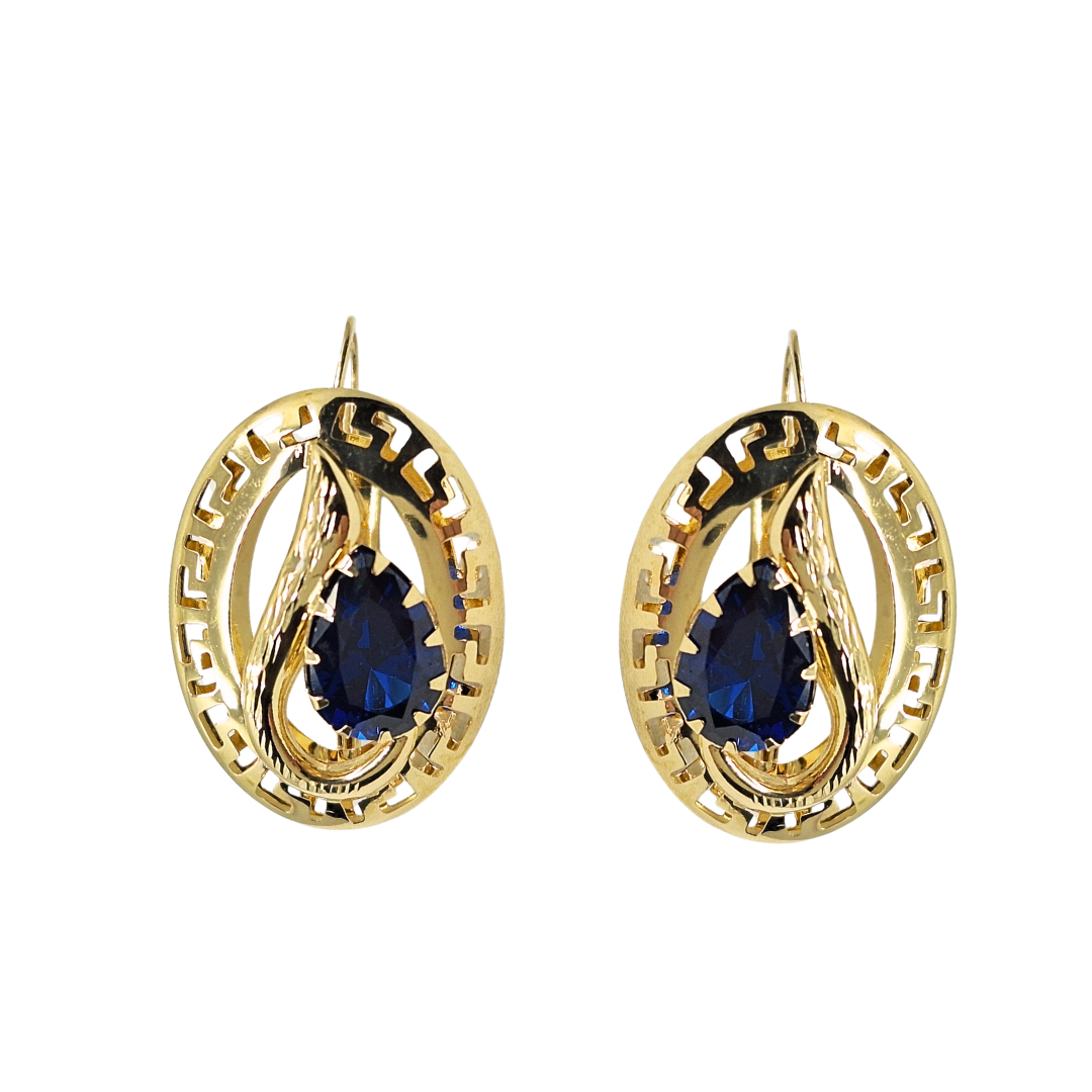 14ct Yellow Gold Greek Key Blue Cubic Zirconia Drop Earrings