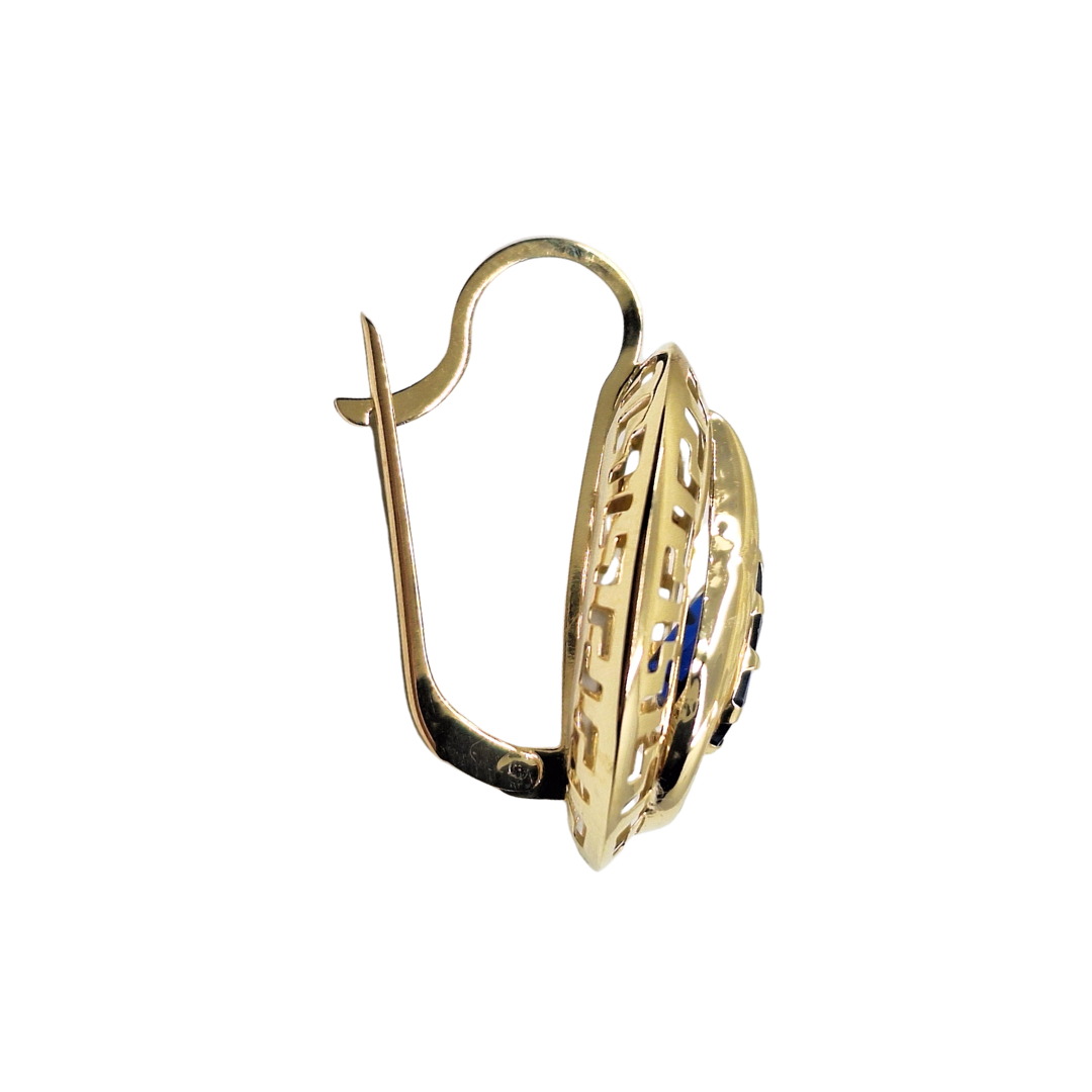 14ct Yellow Gold Greek Key Blue Cubic Zirconia Drop Earrings