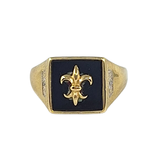 9ct Yellow Gold Fleur-De-Lis Onyx And Diamond Ring