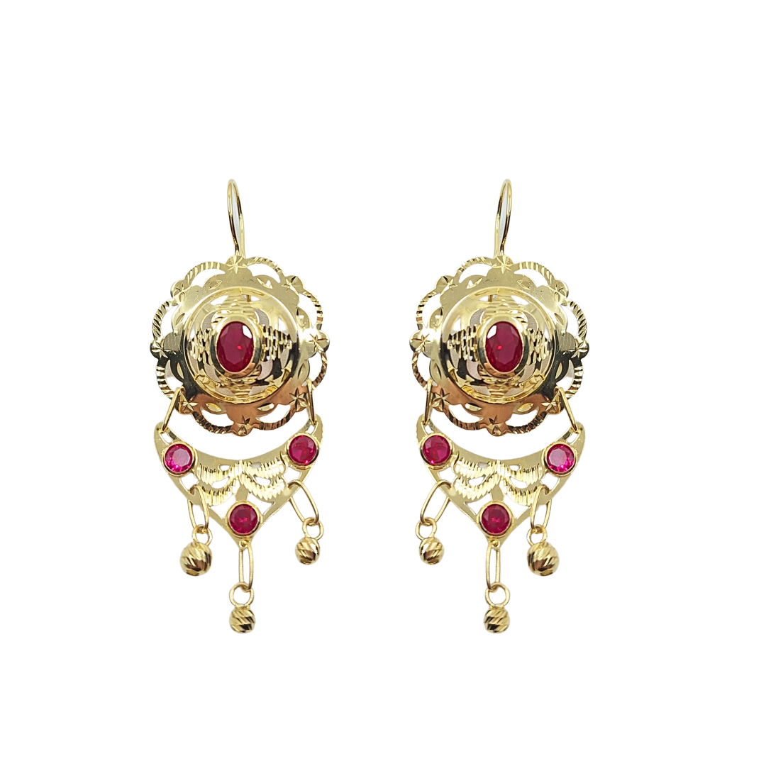 14ct Yellow Gold Red Cubic Zirconia Drop Earrings