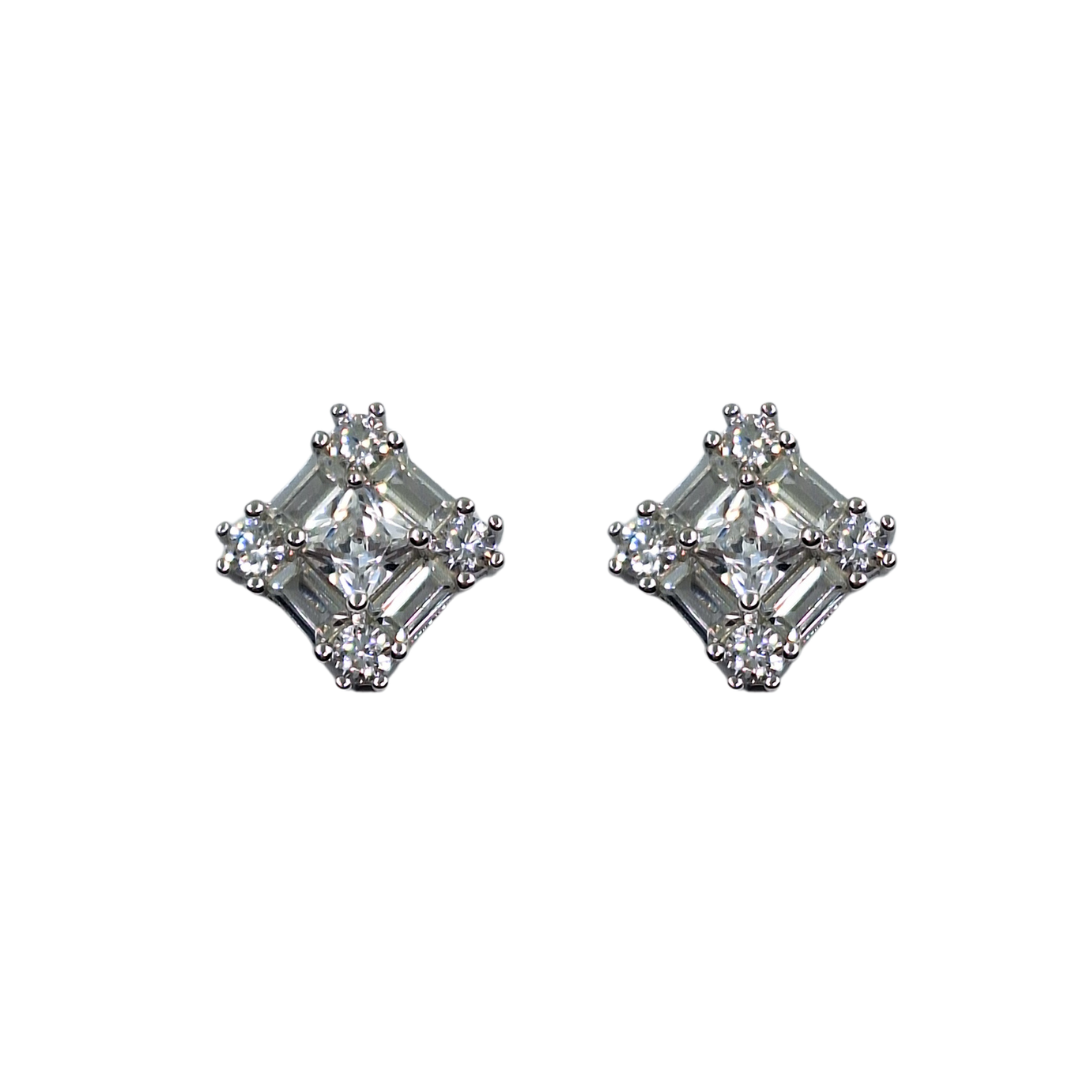 Silver Cubic Zirconia Baguette Cluster Studs