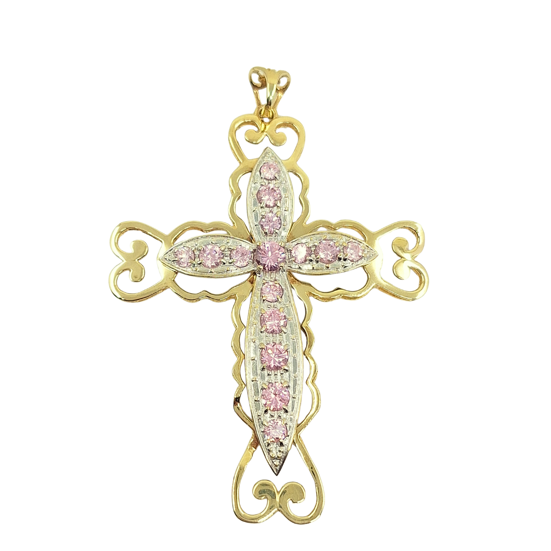 9ct Yellow Gold Pink Cubic Zirconia Cross Pendant
