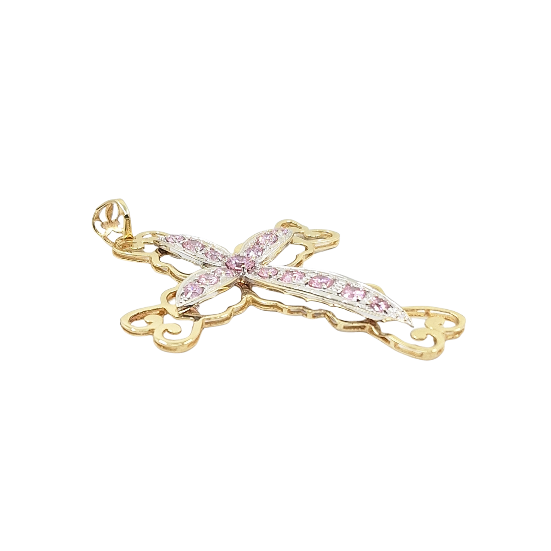 9ct Yellow Gold Pink Cubic Zirconia Cross Pendant