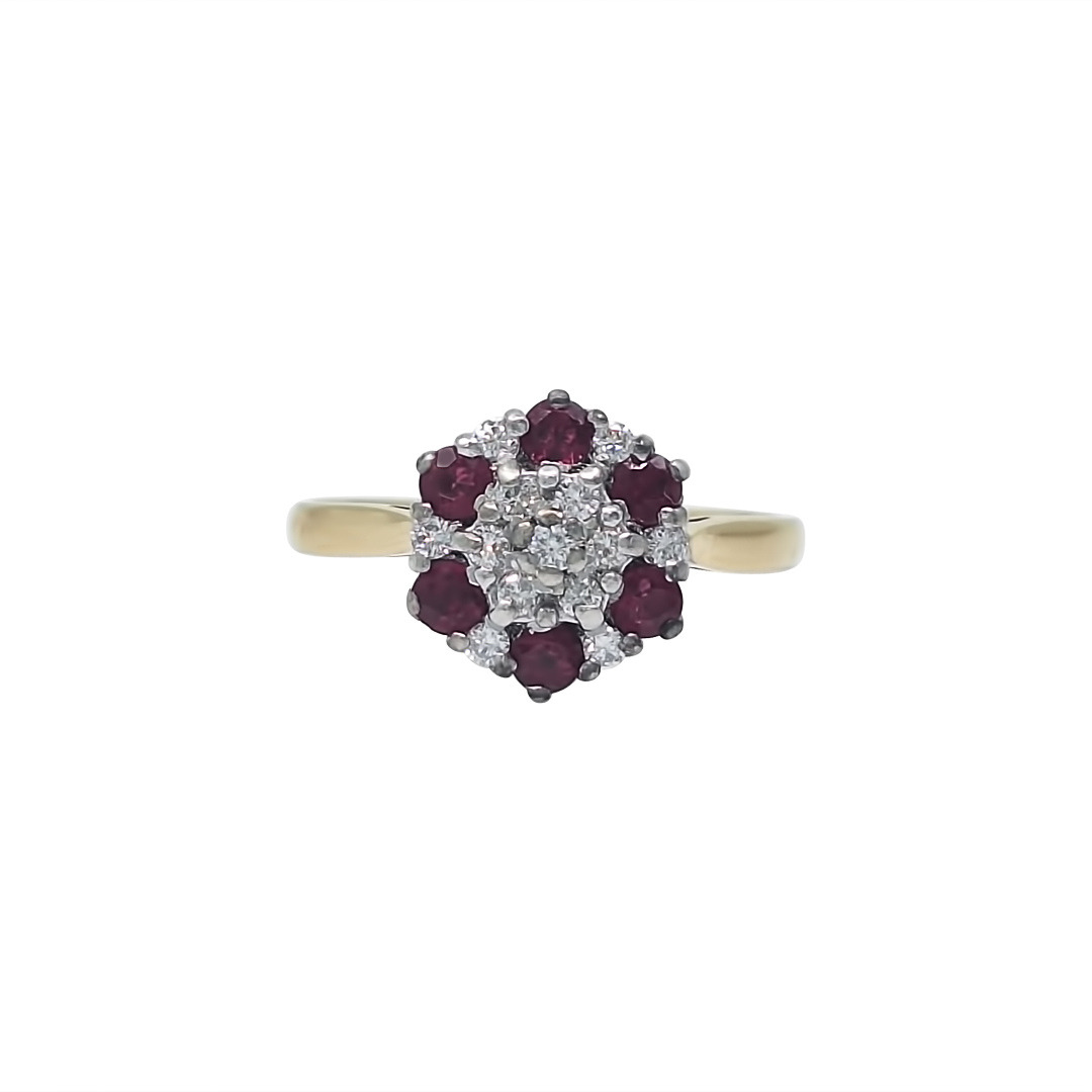 18ct Yellow Gold Ruby & Diamond Cluster Ring