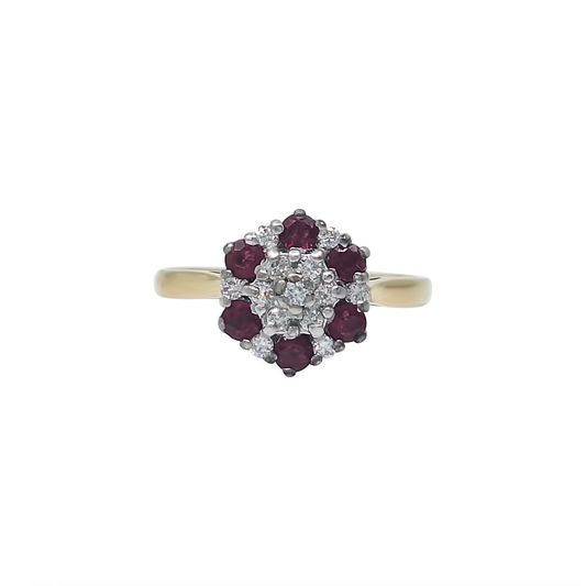18ct Yellow Gold Ruby & Diamond Cluster Ring
