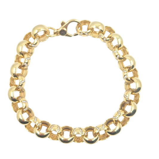 9ct Yellow Gold CZ & Plain Link Belcher Bracelet 9"