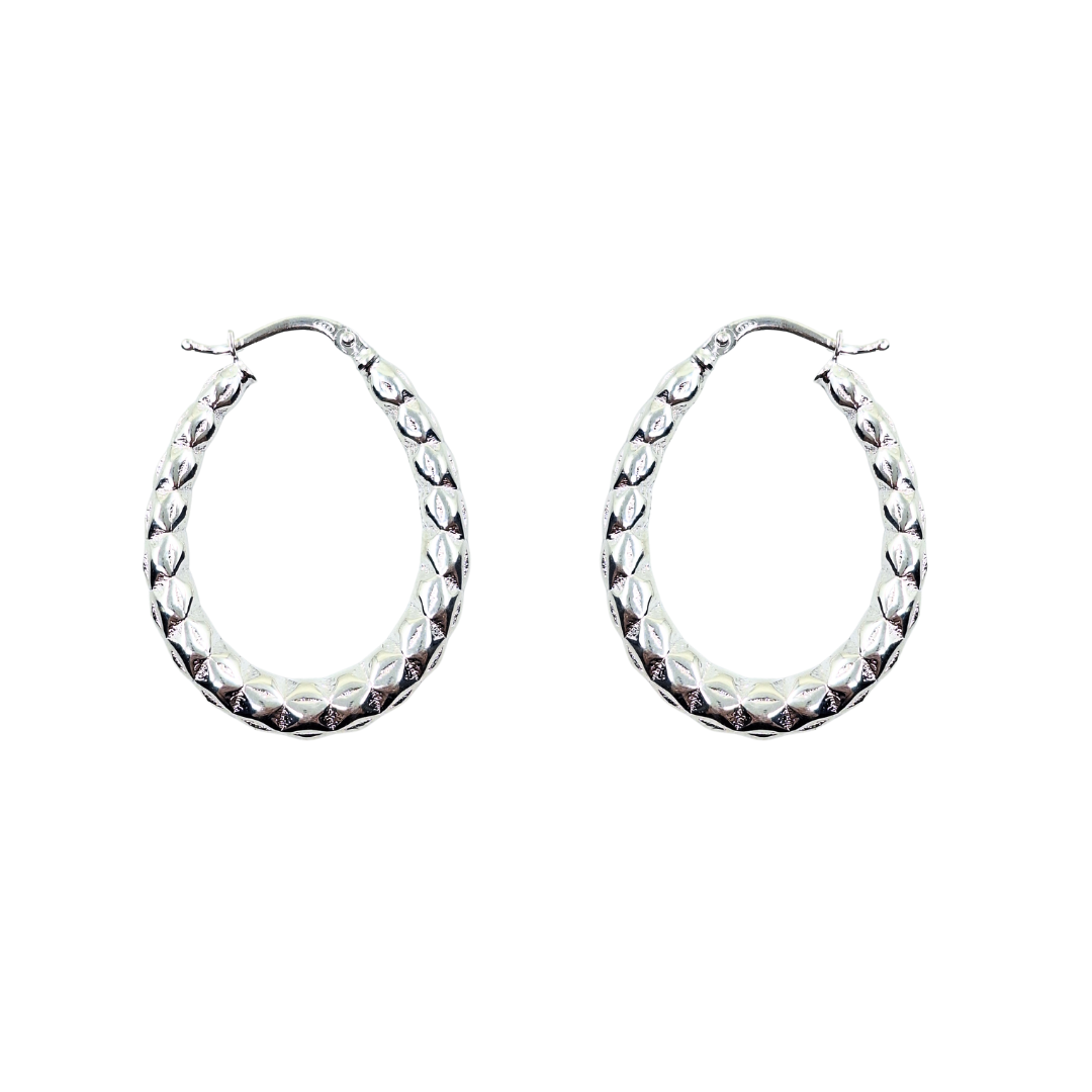 Silver Oval Patterned Creole Earrings