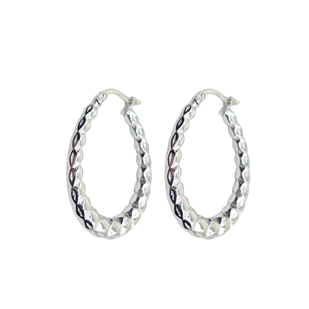 Silver Oval Patterned Creole Earrings