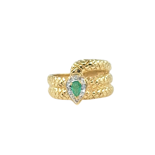 14ct Yellow Gold Diamond & Emerald Snake Ring