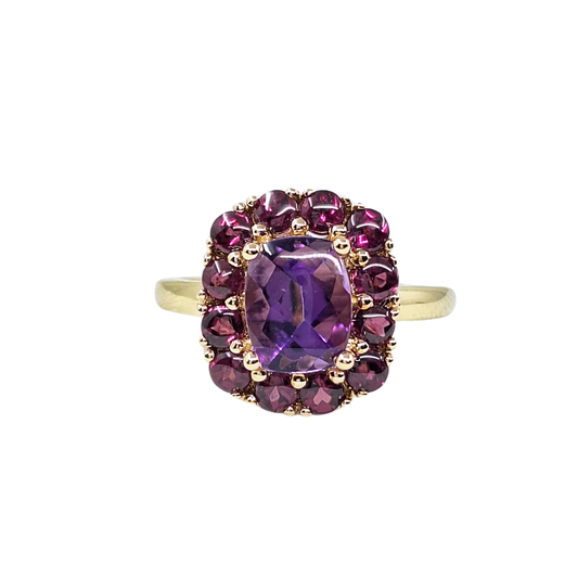 9ct Yellow Gold Amethyst & Rhodolite Garnet Cluster Ring