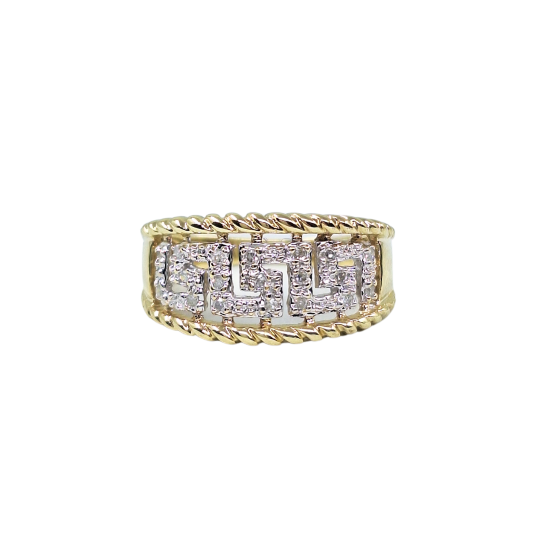 9ct Yellow Gold Diamond Greek Key Band Ring 0.1ct