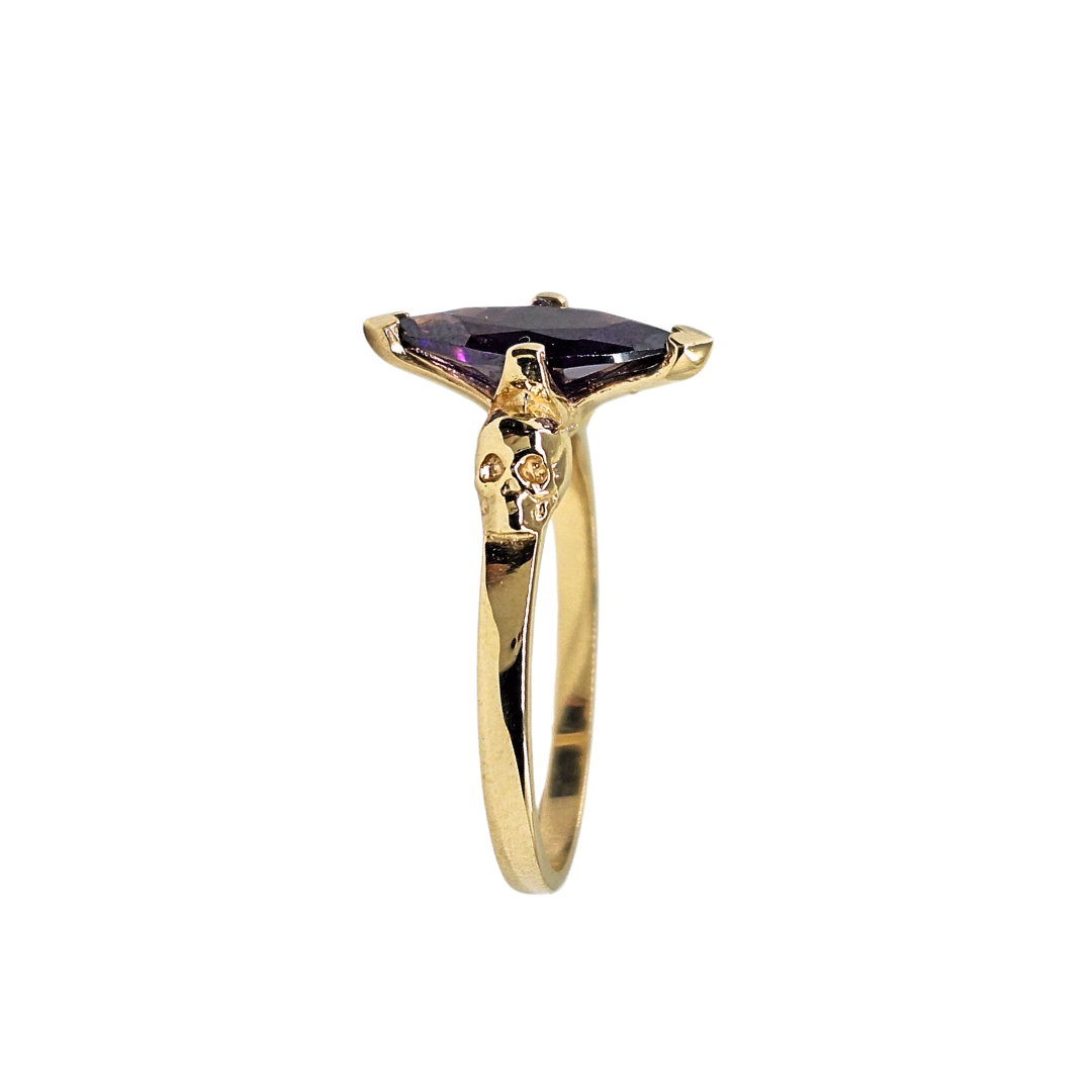 9ct Yellow Gold Marquise Amethyst Skull Ring