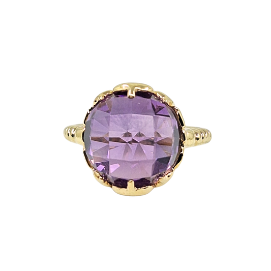 9ct Yellow Gold Chequerboard Faceted Amethyst Castle Ring