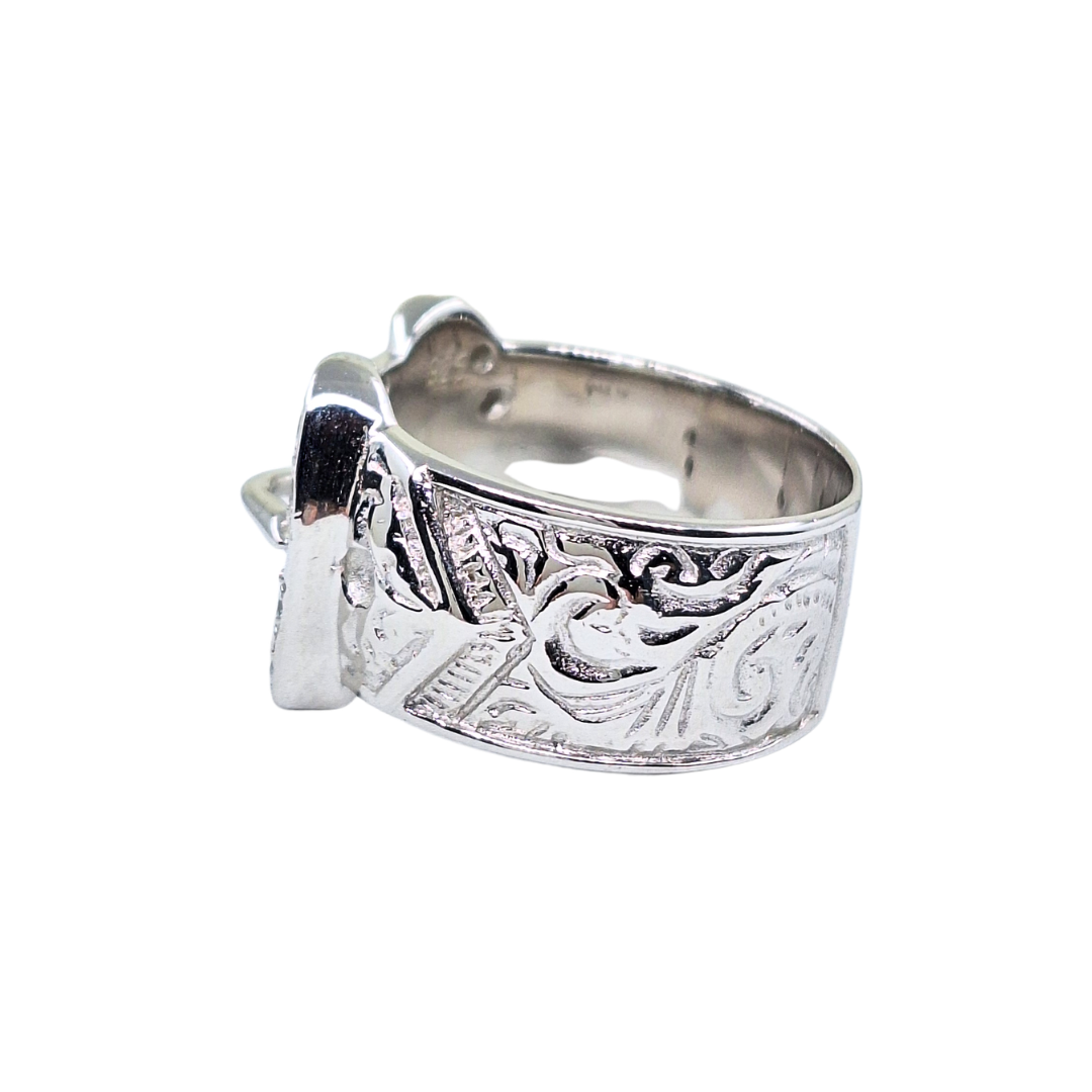 Silver Cubic Zirconia Engraved Buckle Ring