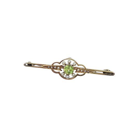 15ct Yellow Gold Peridot & Pearl Brooch