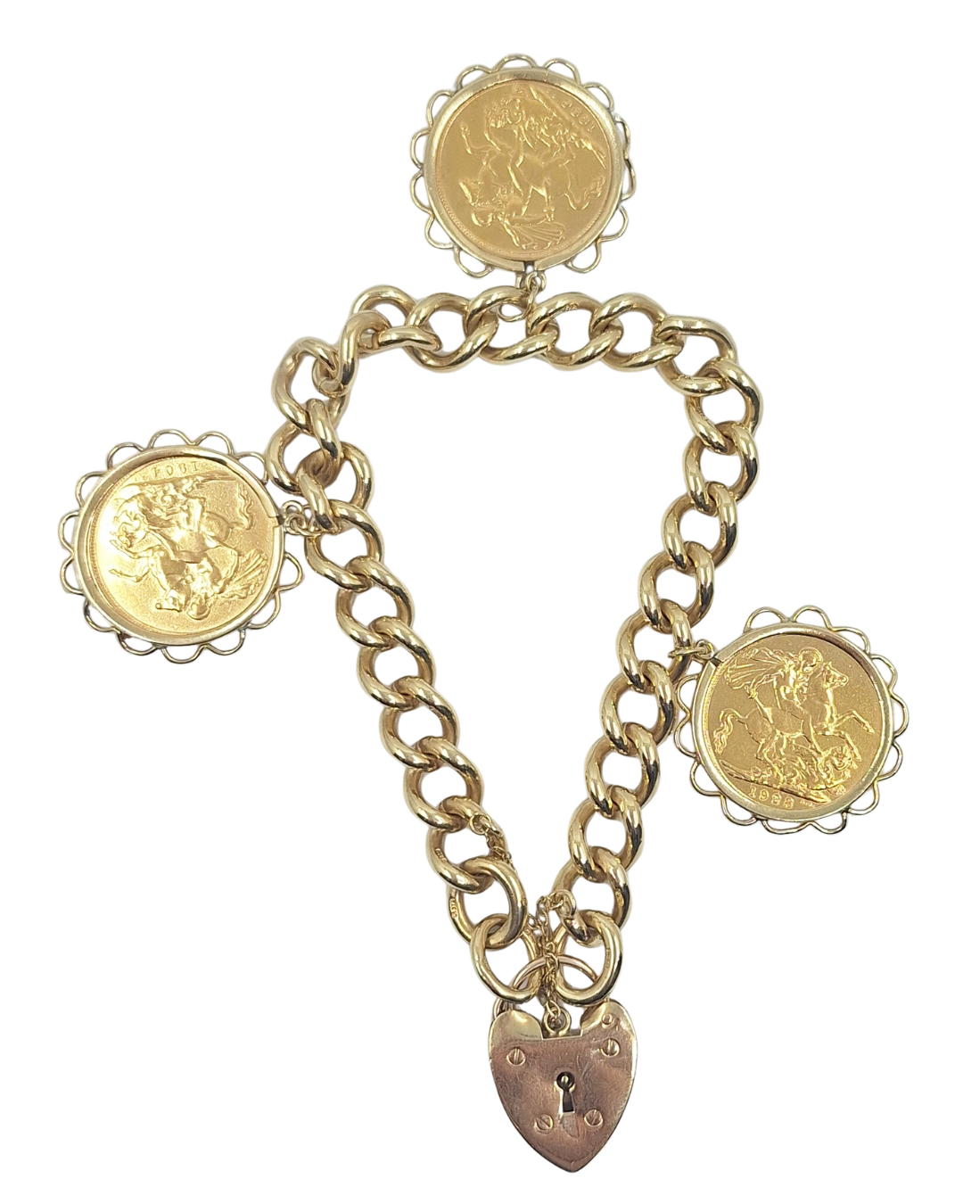 9ct Yellow Gold Heart Lock Bracelet With Three Full Sovereigns
