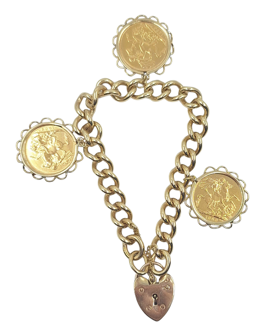 9ct Yellow Gold Heart Lock Bracelet With Three Full Sovereigns