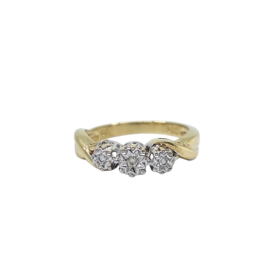 9ct Yellow Gold Diamond Three Stone Illusion Set Ring 0.05ct